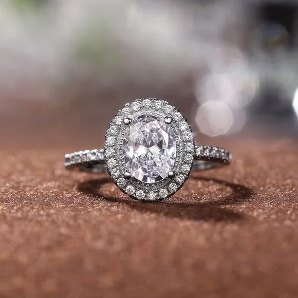 😍Beautiful Big Oval Pure Zircon Silver Plated Elegant Ring for Women, L113 - Picture 5 of 10